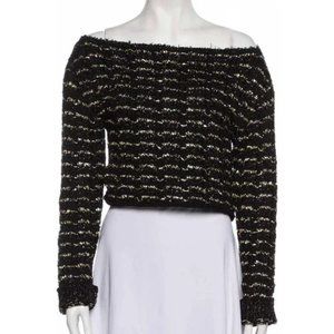 Balmain Sweater Black Gold Off-shoulder Metallic Knit Crop Tweed Lined Boxy Top